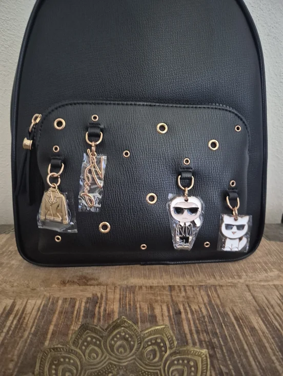 Karl Lagerfeld Paris Black  Backpack with Logo Straps and Charm Accents - Picture 3 of 16